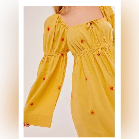 Free People Emory Yellow Embroidered Long Sleeve midi dress size X-small - Picture 2 of 9